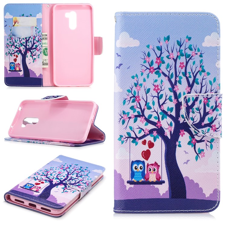 For Xiaomi Pocophone F1 / Poco F1 (India) Patterned PU Leather Stand Mobile Phone Protection Folio Cover - Swinging Owls on the Tree-1
