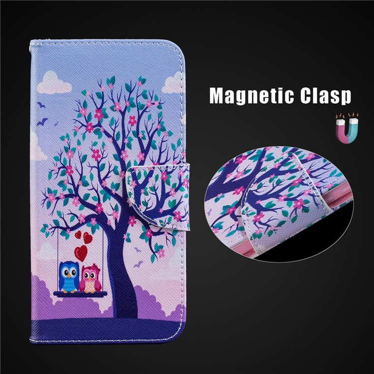 For Xiaomi Pocophone F1 / Poco F1 (India) Patterned PU Leather Stand Mobile Phone Protection Folio Cover - Swinging Owls on the Tree-10