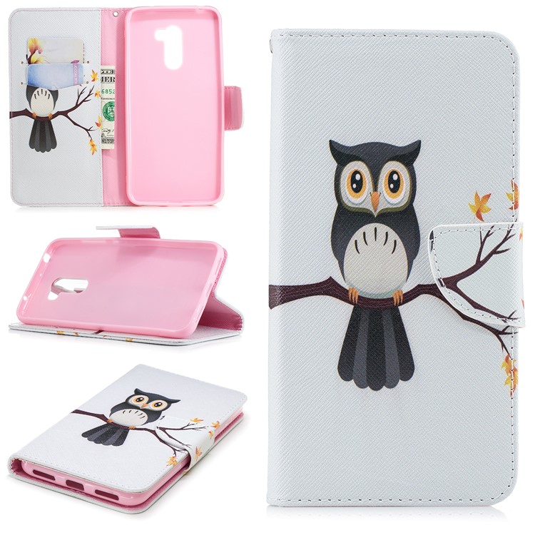 For Xiaomi Pocophone F1 / Poco F1 (India) Patterned Leather Stand Wallet Magnetic Mobile Phone Case Shell - Owl on Branch-1