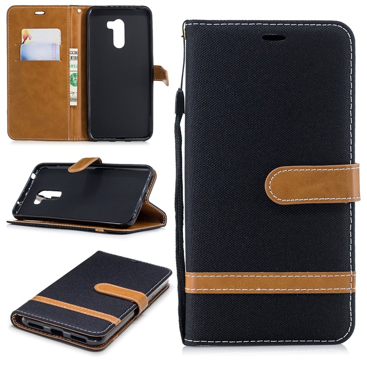 Splicing Jean Cloth PU Leather Wallet Stand Case with Strap for Xiaomi Pocophone F1 / Poco F1 (India) - Black-1