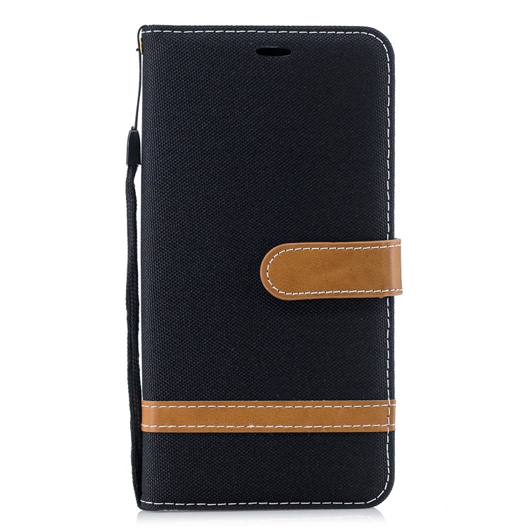 Splicing Jean Cloth PU Leather Wallet Stand Case with Strap for Xiaomi Pocophone F1 / Poco F1 (India) - Black-2