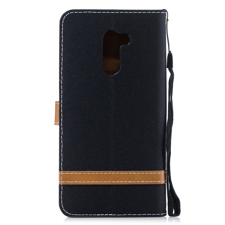 Splicing Jean Cloth PU Leather Wallet Stand Case with Strap for Xiaomi Pocophone F1 / Poco F1 (India) - Black-3