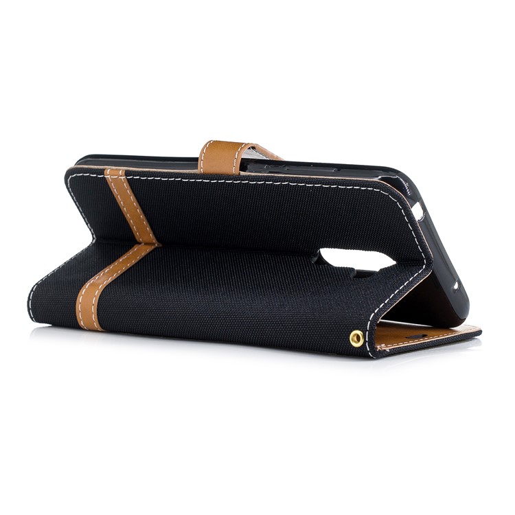 Splicing Jean Cloth PU Leather Wallet Stand Case with Strap for Xiaomi Pocophone F1 / Poco F1 (India) - Black-4
