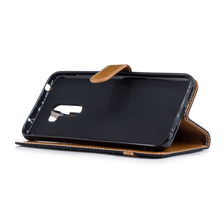 Splicing Jean Cloth PU Leather Wallet Stand Case with Strap for Xiaomi Pocophone F1 / Poco F1 (India) - Black-5