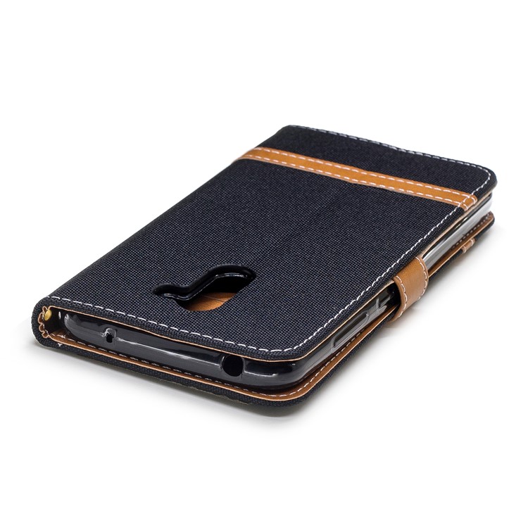 Splicing Jean Cloth PU Leather Wallet Stand Case with Strap for Xiaomi Pocophone F1 / Poco F1 (India) - Black-7