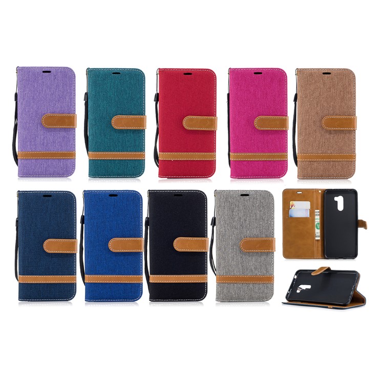 Splicing Jean Cloth PU Leather Wallet Stand Case with Strap for Xiaomi Pocophone F1 / Poco F1 (India) - Black-9
