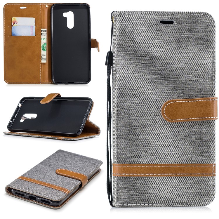 Splicing Jean Cloth PU Leather Wallet Stand Cover with Strap for Xiaomi Pocophone F1 / Poco F1 (India) - Grey-1