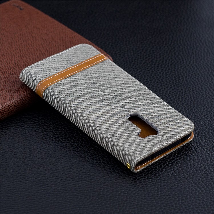 Splicing Jean Cloth PU Leather Wallet Stand Cover with Strap for Xiaomi Pocophone F1 / Poco F1 (India) - Grey-11