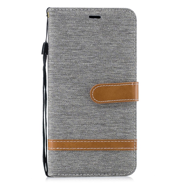 Splicing Jean Cloth PU Leather Wallet Stand Cover with Strap for Xiaomi Pocophone F1 / Poco F1 (India) - Grey-2