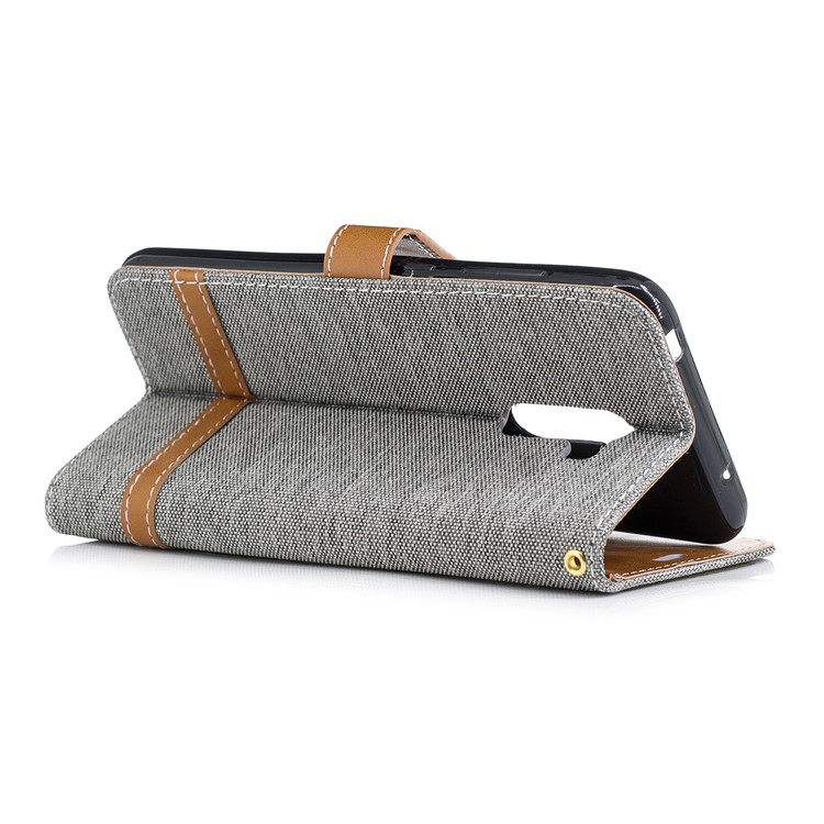 Splicing Jean Cloth PU Leather Wallet Stand Cover with Strap for Xiaomi Pocophone F1 / Poco F1 (India) - Grey-4