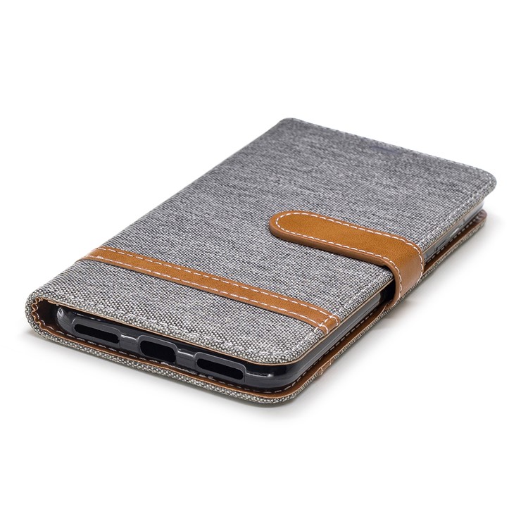 Splicing Jean Cloth PU Leather Wallet Stand Cover with Strap for Xiaomi Pocophone F1 / Poco F1 (India) - Grey-6