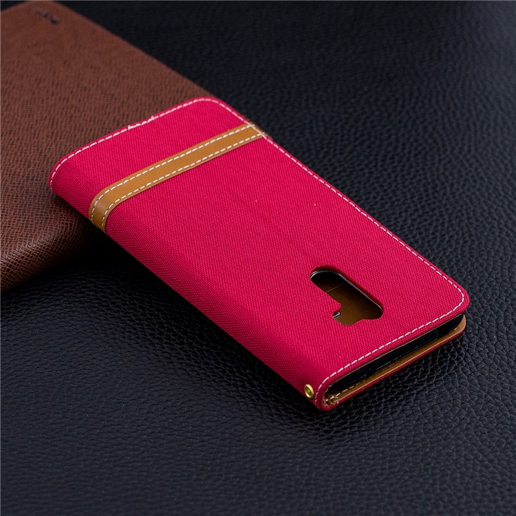 Splicing Jean Cloth PU Leather Wallet Stand Shell with Strap for Xiaomi Pocophone F1 / Poco F1 (India) - Red-10