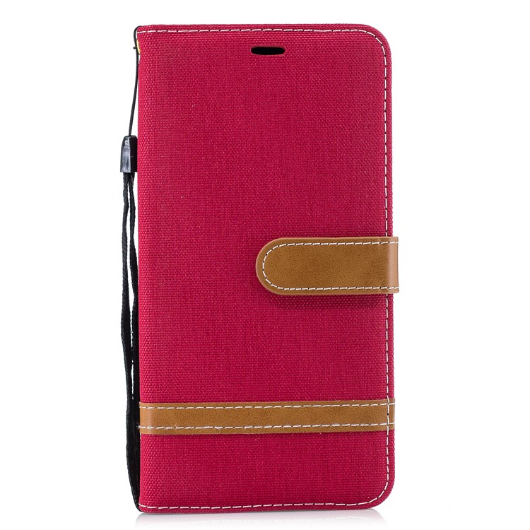 Splicing Jean Cloth PU Leather Wallet Stand Shell with Strap for Xiaomi Pocophone F1 / Poco F1 (India) - Red-2