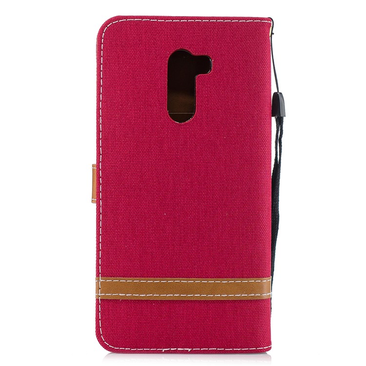 Splicing Jean Cloth PU Leather Wallet Stand Shell with Strap for Xiaomi Pocophone F1 / Poco F1 (India) - Red-3
