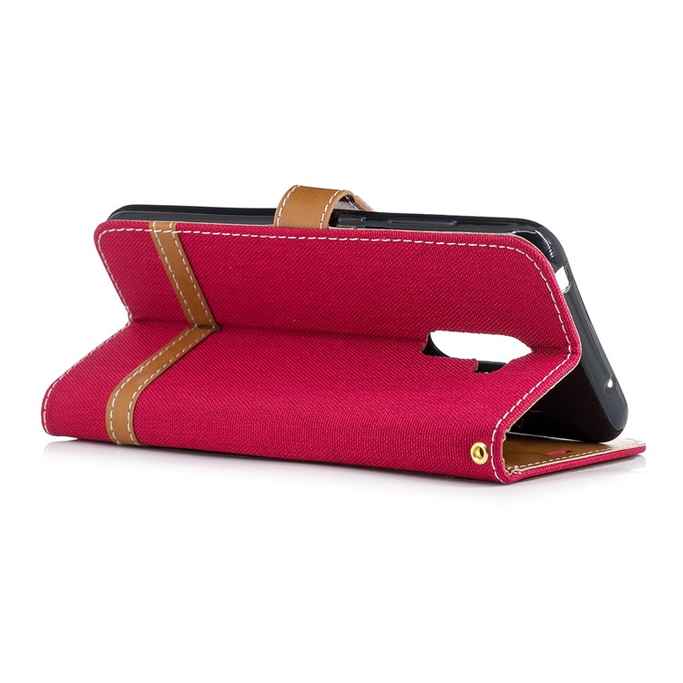 Splicing Jean Cloth PU Leather Wallet Stand Shell with Strap for Xiaomi Pocophone F1 / Poco F1 (India) - Red-4