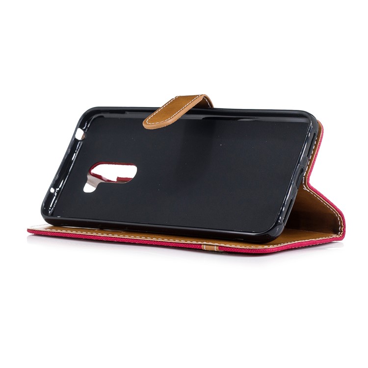 Splicing Jean Cloth PU Leather Wallet Stand Shell with Strap for Xiaomi Pocophone F1 / Poco F1 (India) - Red-5