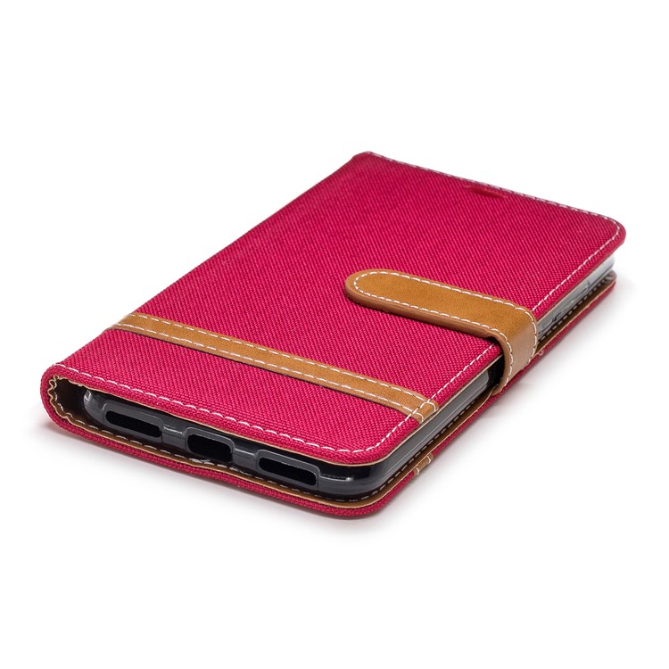 Splicing Jean Cloth PU Leather Wallet Stand Shell with Strap for Xiaomi Pocophone F1 / Poco F1 (India) - Red-6