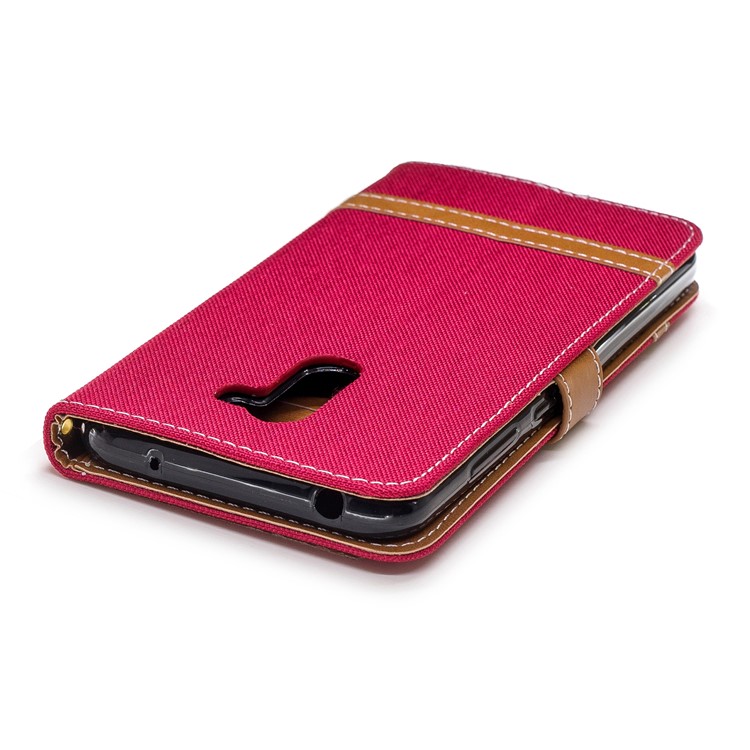Splicing Jean Cloth PU Leather Wallet Stand Shell with Strap for Xiaomi Pocophone F1 / Poco F1 (India) - Red-7