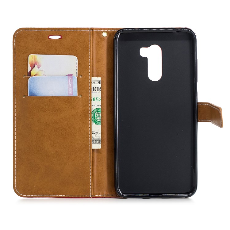 Splicing Jean Cloth PU Leather Wallet Stand Shell with Strap for Xiaomi Pocophone F1 / Poco F1 (India) - Red-8