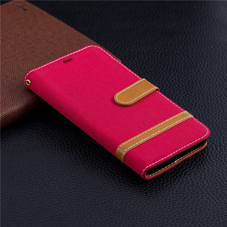 Splicing Jean Cloth PU Leather Wallet Stand Shell with Strap for Xiaomi Pocophone F1 / Poco F1 (India) - Red-9