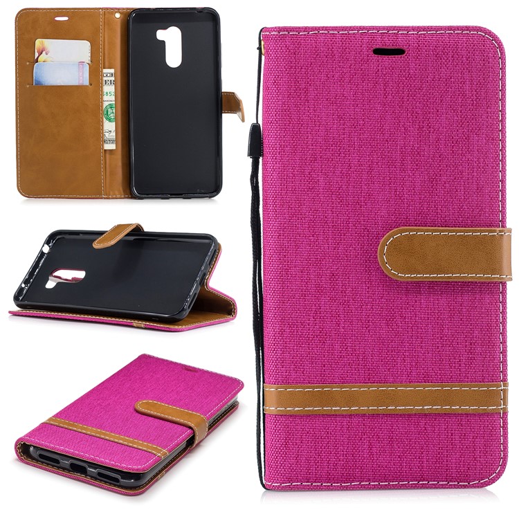 Splicing Jean Cloth PU Leather Wallet Stand Casing with Strap for Xiaomi Pocophone F1 / Poco F1 (India) - Rose-1