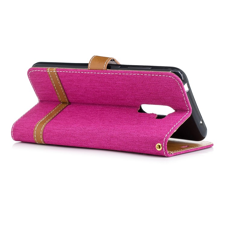 Splicing Jean Cloth PU Leather Wallet Stand Casing with Strap for Xiaomi Pocophone F1 / Poco F1 (India) - Rose-4