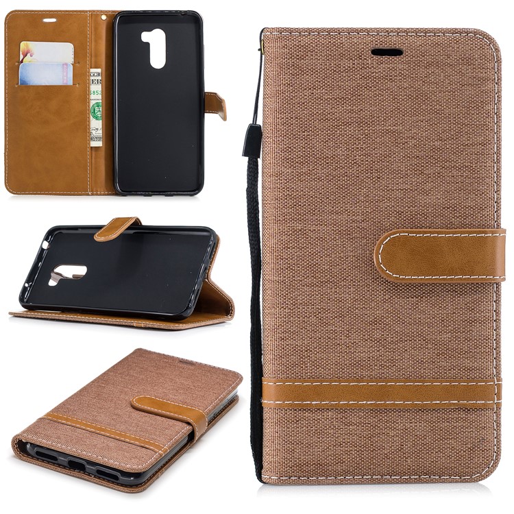 Splicing Jean Cloth PU Leather Wallet Stand Mobile Phone Case with Strap for Xiaomi Pocophone F1 / Poco F1 (India) - Khaki-1