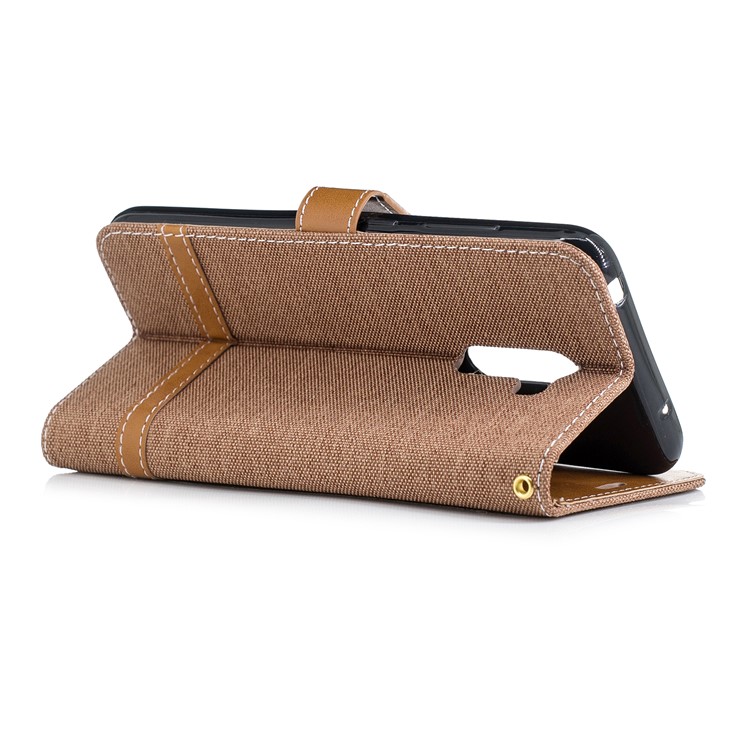 Splicing Jean Cloth PU Leather Wallet Stand Mobile Phone Case with Strap for Xiaomi Pocophone F1 / Poco F1 (India) - Khaki-4