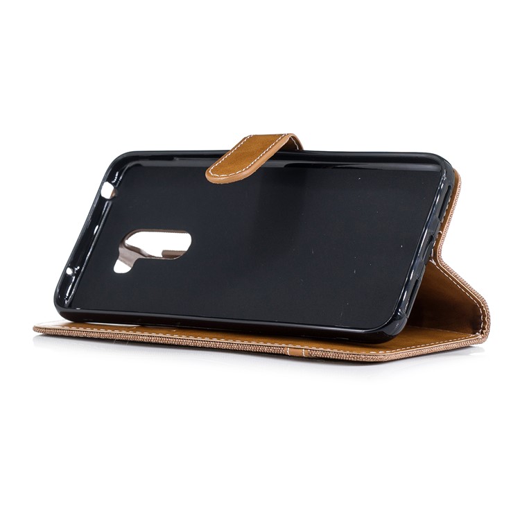 Splicing Jean Cloth PU Leather Wallet Stand Mobile Phone Case with Strap for Xiaomi Pocophone F1 / Poco F1 (India) - Khaki-5