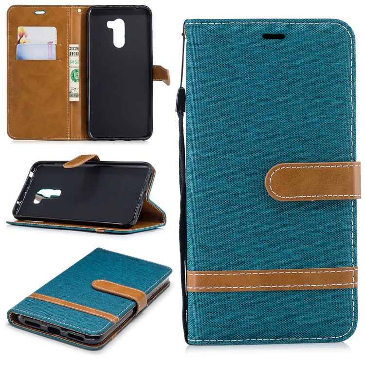 Splicing Jean Cloth PU Leather Wallet Stand Cell Phone Case with Strap for Xiaomi Pocophone F1 / Poco F1 (India) - Green-1