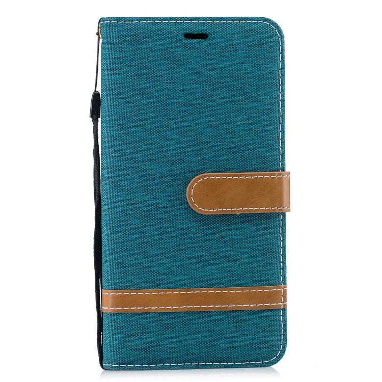 Splicing Jean Cloth PU Leather Wallet Stand Cell Phone Case with Strap for Xiaomi Pocophone F1 / Poco F1 (India) - Green-2