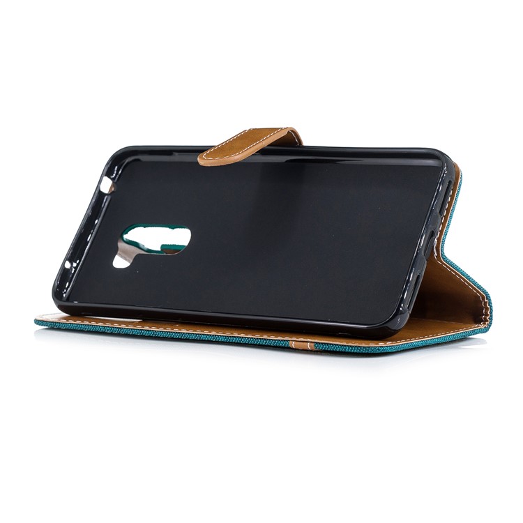 Splicing Jean Cloth PU Leather Wallet Stand Cell Phone Case with Strap for Xiaomi Pocophone F1 / Poco F1 (India) - Green-5