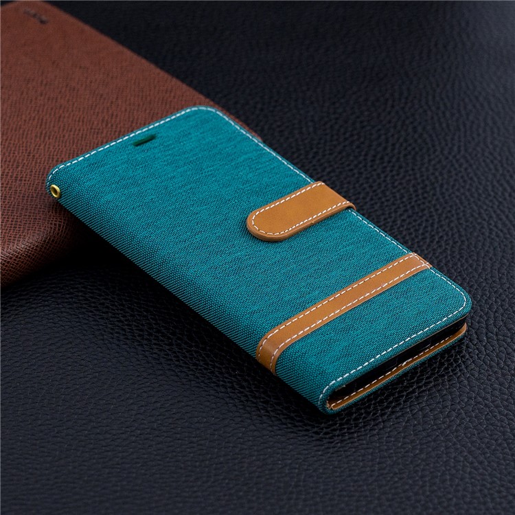 Splicing Jean Cloth PU Leather Wallet Stand Cell Phone Case with Strap for Xiaomi Pocophone F1 / Poco F1 (India) - Green-9