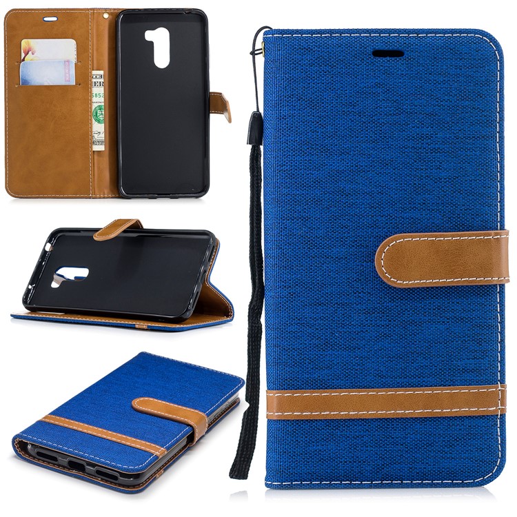 Splicing Jean Cloth PU Leather Wallet Stand Protective Case with Strap for Xiaomi Pocophone F1 / Poco F1 (India) - Baby Blue-1