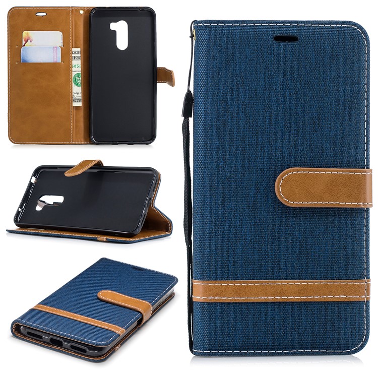 Splicing Jean Cloth PU Leather Wallet Stand Flip Case with Strap for Xiaomi Pocophone F1 / Poco F1 (India) - Dark Blue-1