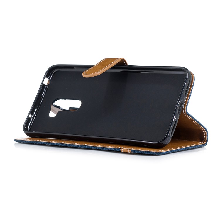 Splicing Jean Cloth PU Leather Wallet Stand Flip Case with Strap for Xiaomi Pocophone F1 / Poco F1 (India) - Dark Blue-5