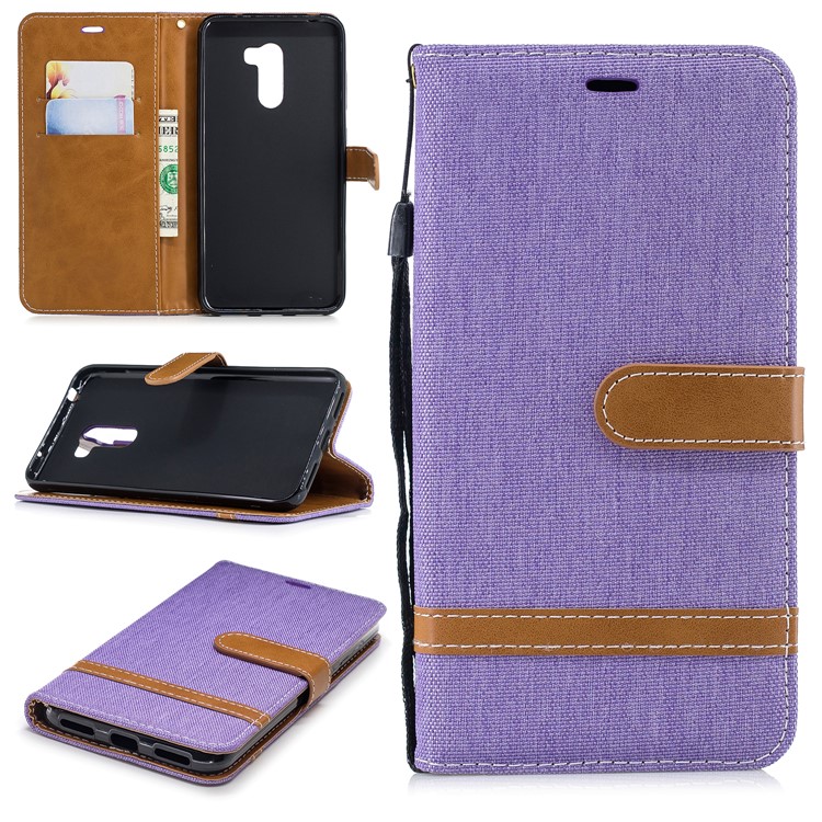 Splicing Jean Cloth PU Leather Wallet Stand Flip Cover with Strap for Xiaomi Pocophone F1 / Poco F1 (India) - Purple-1