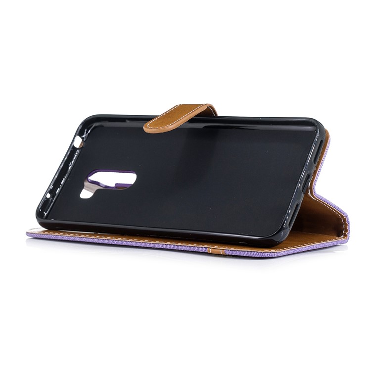 Splicing Jean Cloth PU Leather Wallet Stand Flip Cover with Strap for Xiaomi Pocophone F1 / Poco F1 (India) - Purple-5