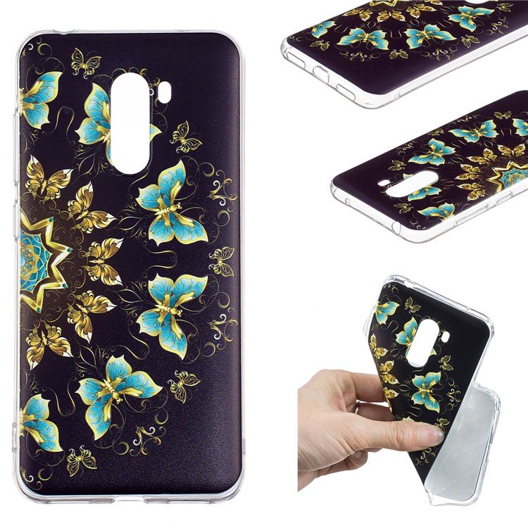 Pattern Printing Soft TPU Case for Xiaomi Pocophone F1 / Poco F1 (India) - Gold and Blue Butterflies-1