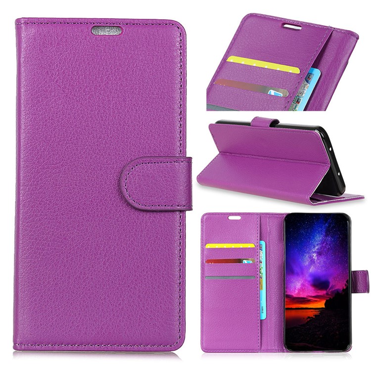 Litchi Skin Leather Flip Phone Cover for Xiaomi Redmi note6 Pro Stand Wallet Case - Purple-1