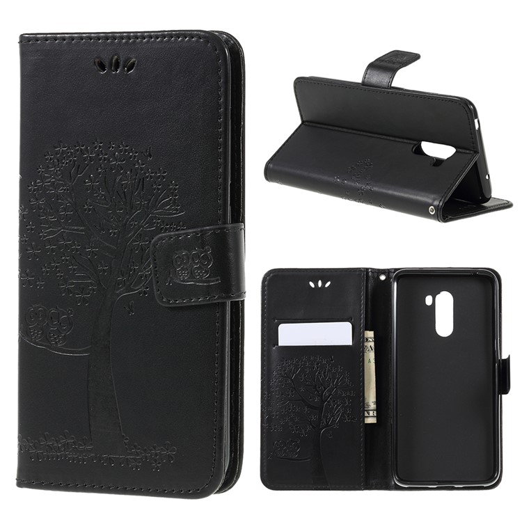 Imprint Tree Owl Magnetic Wallet PU Leather Cover with Stand for Xiaomi Pocophone F1 / Poco F1 (India) - Black-1