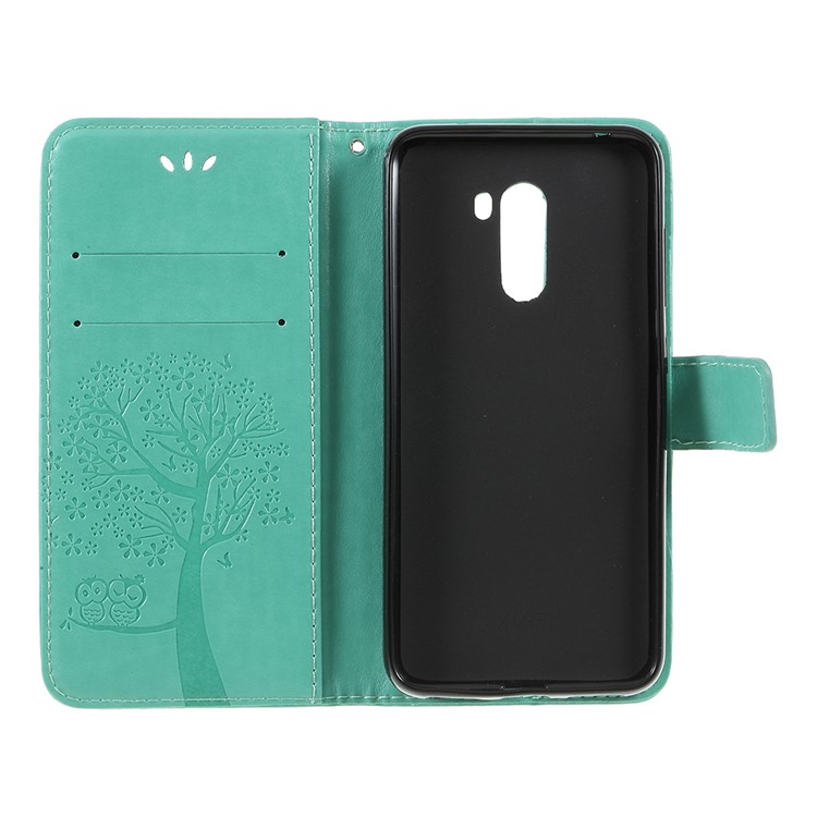 Imprint Tree Owl Magnetic Wallet PU Leather Shell with Stand for Xiaomi Pocophone F1 / Poco F1 (India) - Cyan-6