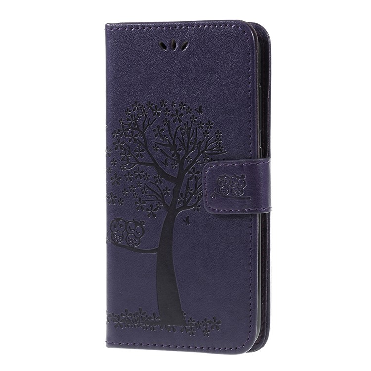 Imprint Tree Owl Magnetic Wallet PU Leather Casing with Stand for Xiaomi Pocophone F1 / Poco F1 (India) - Dark Purple-2
