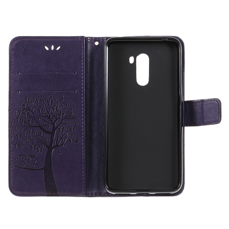 Imprint Tree Owl Magnetic Wallet PU Leather Casing with Stand for Xiaomi Pocophone F1 / Poco F1 (India) - Dark Purple-6