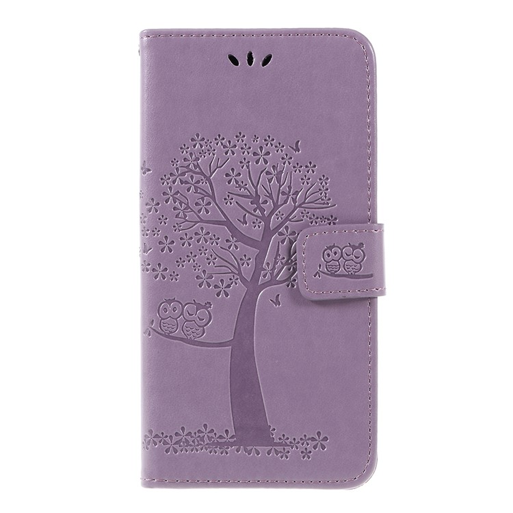 Imprint Tree Owl Magnetic Wallet PU Leather Cell Phone Shell with Stand for Xiaomi Pocophone F1 / Poco F1 (India) - Light Purple-1