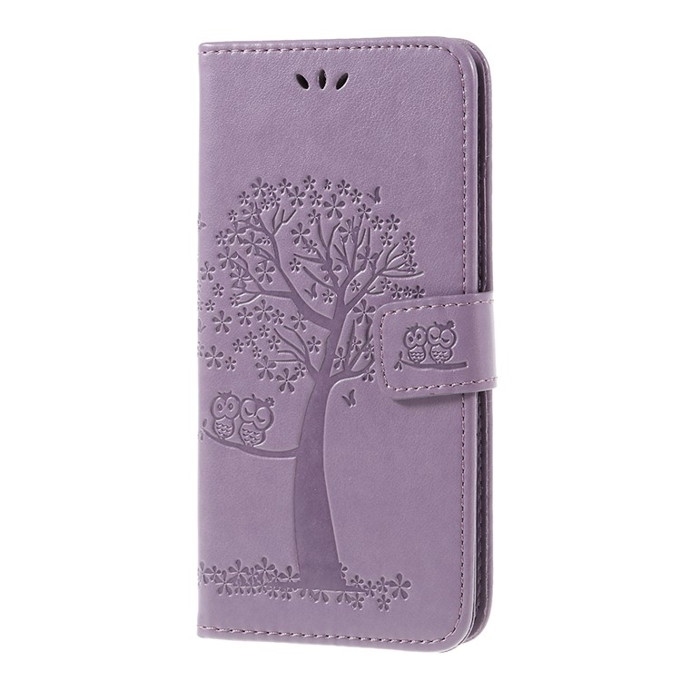 Imprint Tree Owl Magnetic Wallet PU Leather Cell Phone Shell with Stand for Xiaomi Pocophone F1 / Poco F1 (India) - Light Purple-2