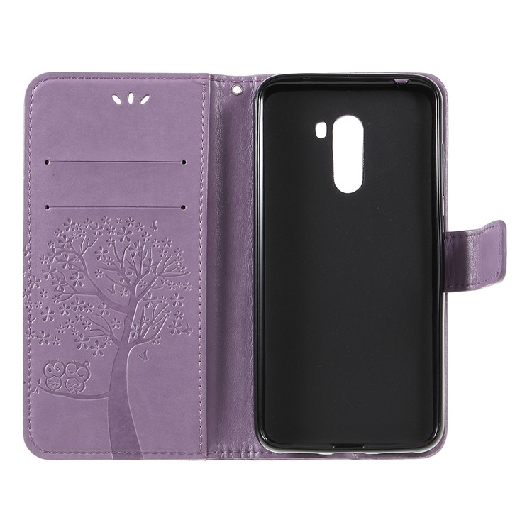 Imprint Tree Owl Magnetic Wallet PU Leather Cell Phone Shell with Stand for Xiaomi Pocophone F1 / Poco F1 (India) - Light Purple-6
