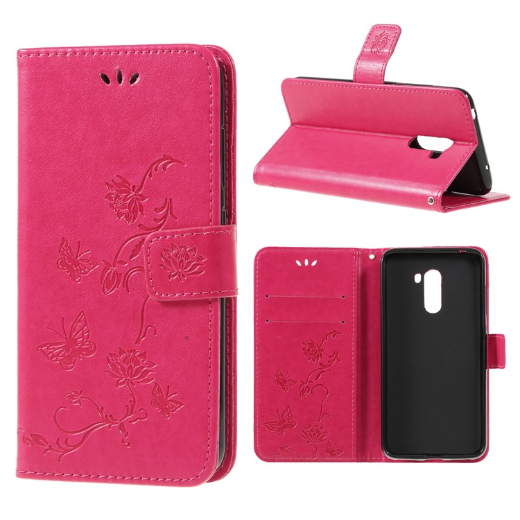 Imprint Butterfly Flower Wallet Stand Leather Case for Xiaomi Pocophone F1 / Poco F1 (India) - Rose-1