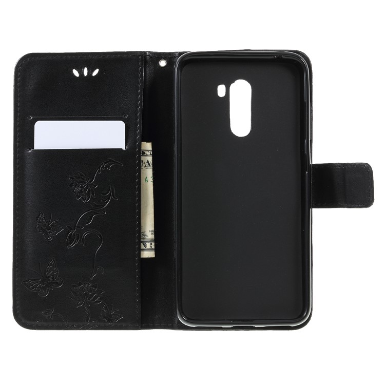 Imprint Butterfly Flower Wallet Stand Leather Cover for Xiaomi Pocophone F1 / Poco F1 (India) - Black-6