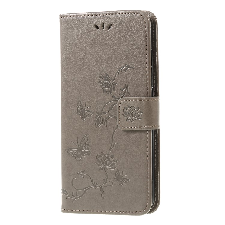 Imprint Butterfly Flower Wallet Stand Leather Shell for Xiaomi Pocophone F1 / Poco F1 (India) - Grey-3